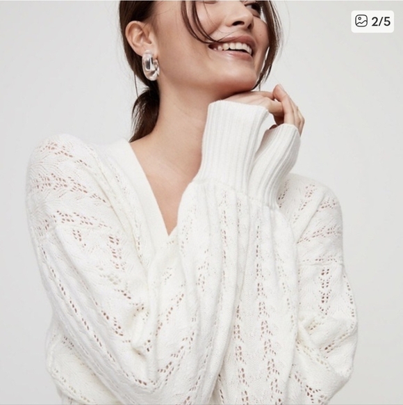 WILFRED Pointelle Plunge Front Cardigan Wool Crochet Oak White 2XS XXS Aritzia - Picture 2 of 12